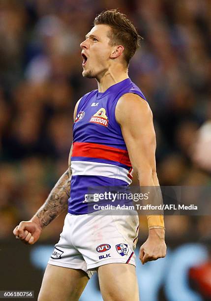 Clay Smith of the Bulldogs celebrates a goal during the 2016 AFL Second Semi Final match between the Hawthorn Hawks and the Western Bulldogs at the...