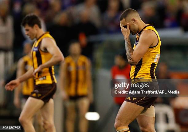 Shaun Burgoyne of the Hawks looks dejected after a loss during the 2016 AFL Second Semi Final match between the Hawthorn Hawks and the Western...