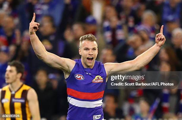 Jake Stringer of the Bulldogs celebrates after kicking a goal during the second AFL semi final between Hawthorn Hawks and Western Bulldogs at...