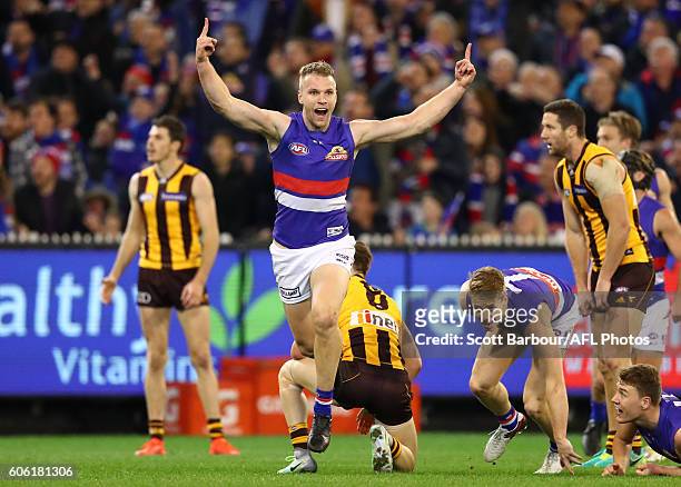 Jake Stringer of the Bulldogs celebrates after kicking a goal during the second AFL semi final between Hawthorn Hawks and Western Bulldogs at...