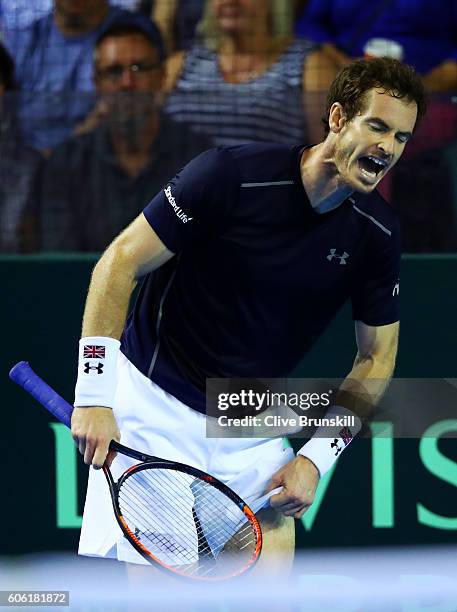 Andy Murray of Great Britain reacts during his singles match against Juan Martin del Potro of Argentina during day one of the Davis Cup Semi Final...