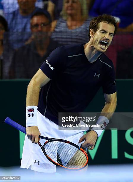 Andy Murray of Great Britain reacts during his singles match against Juan Martin del Potro of Argentina during day one of the Davis Cup Semi Final...