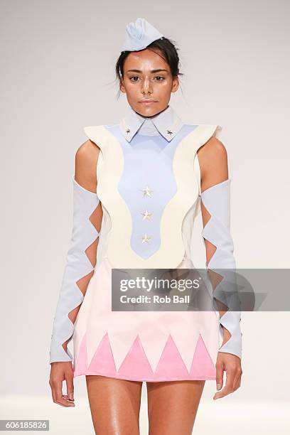 Model walks the runway wearing a design by Ana Ljubinkovic at the Ones To Watch show at Fashion Scout during London Fashion Week Spring/Summer...