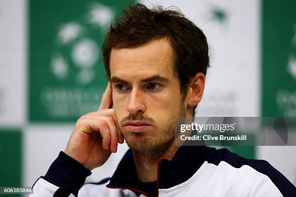 Andy Murray of Great Britain reacts during a press conference after his singles match against Juan Martin del Potro of Argentina during day one of...