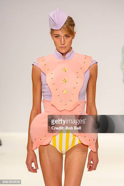 Model walks the runway wearing a design by Ana Ljubinkovic at the Ones To Watch show at Fashion Scout during London Fashion Week Spring/Summer...