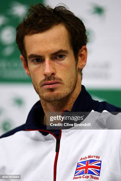 Andy Murray of Great Britain looks on during a press conference after his singles match against Juan Martin del Potro of Argentina during day one of...