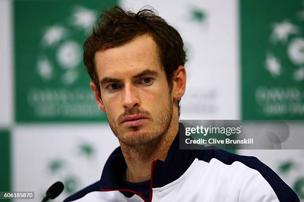 Andy Murray of Great Britain looks on during a press conference after his singles match against Juan Martin del Potro of Argentina during day one of...