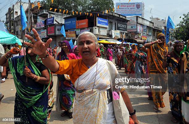 Leader Medha Patkar with women at the NBA anti-liquor rally on September 16, 2016 in Barwani, India.