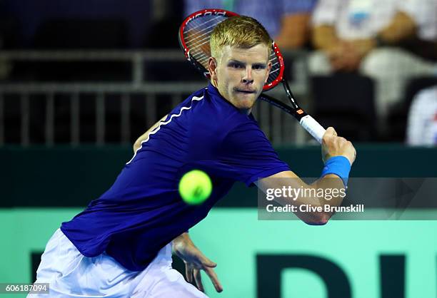 Kyle Edmund of Great Britain hits a backhand during his singles match against Guido Pella of Argentina during day one of the Davis Cup Semi Final...