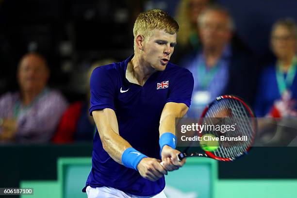 Kyle Edmund of Great Britain hits a backhand during his singles match against Guido Pella of Argentina during day one of the Davis Cup Semi Final...