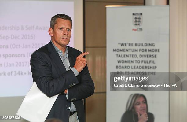 Martin Glenn speaks at the FA Women's Leadership Programme Launch at Wembley Stadium on September 16, 2016 in London, England. The programme is aimed...