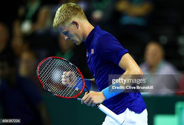 Kyle Edmund of Great Britain celebrates a point during his singles match against Guido Pella of Argentina during day one of the Davis Cup Semi Final...