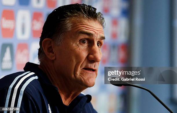 Edgardo Bauza coach of Argentina talks during Argentina Press Conference at Julio Humberto Grondona Campus on September 16, 2016 in Ezeiza, Argentina.