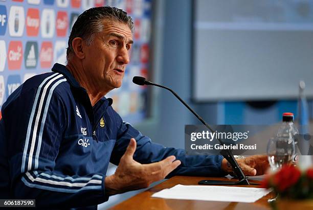 Edgardo Bauza coach of Argentina talks during Argentina Press Conference at Julio Humberto Grondona Campus on September 16, 2016 in Ezeiza, Argentina.