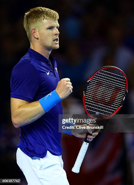 Kyle Edmund of Great Britain celebrates a point during his singles match against Guido Pella of Argentina during day one of the Davis Cup Semi Final...