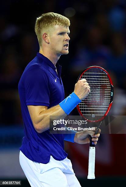 Kyle Edmund of Great Britain celebrates a point during his singles match against Guido Pella of Argentina during day one of the Davis Cup Semi Final...