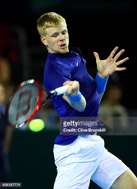 Kyle Edmund of Great Britain hits a forehand during his singles match against Guido Pella of Argentina during day one of the Davis Cup Semi Final...