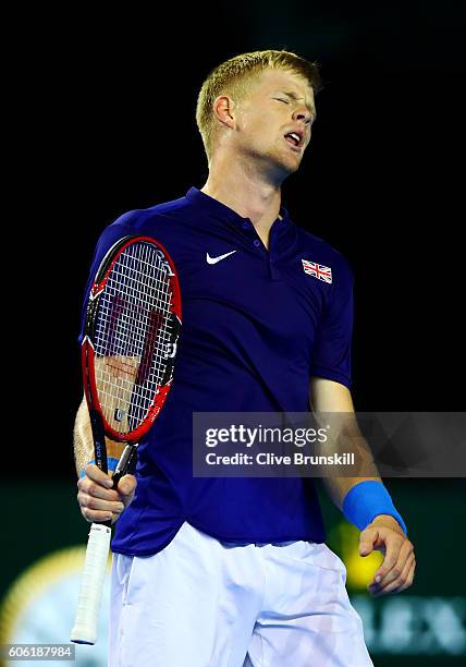 Kyle Edmund of Great Britain reacts during his singles match against Guido Pella of Argentina during day one of the Davis Cup Semi Final between...