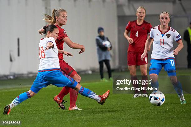 Elvira Ziyastinova of Russia challenged by Lena Petermann of Germany during the UEFA Women's Euro 2017 Qualifier match between Russia and Germany at...