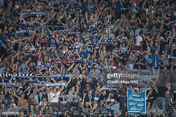 Fans of Bochum celebrate after winning 5-4 after the Second Bundesliga match between VfL Bochum 1848 and 1. FC Nuernberg at Vonovia Ruhrstadion on...