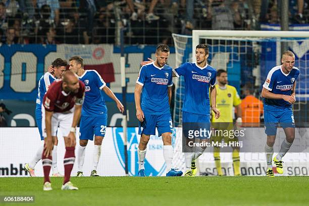 Players of Bochum celebrate after scoring a goal to make it 5-3 during the Second Bundesliga match between VfL Bochum 1848 and 1. FC Nuernberg at...
