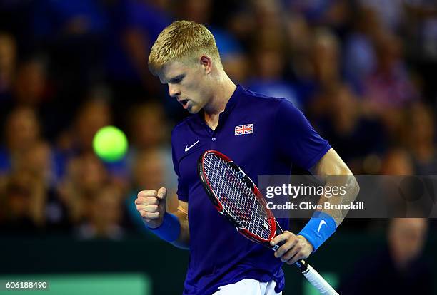 Kyle Edmund of Great Britain celebrates a point during his singles match against Guido Pella of Argentina during day one of the Davis Cup Semi Final...