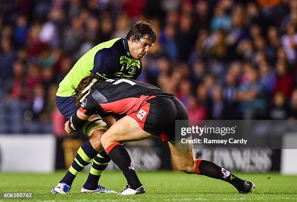 Edinburgh , United Kingdom - 16 September 2016; Mike McCarthy of Leinster is tackled by Hamish Watson of Edinburgh during the Guinness PRO12 Round 3...