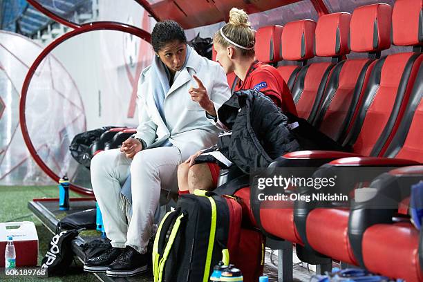 Head coach Steffi Jones of Germany talks with Anja Mittag after the UEFA Women's Euro 2017 Qualifier between Russia and Germany at Arena Khimki on...