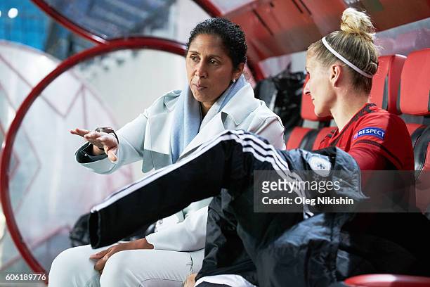 Head coach Steffi Jones of Germany talks with Anja Mittag after the UEFA Women's Euro 2017 Qualifier between Russia and Germany at Arena Khimki on...