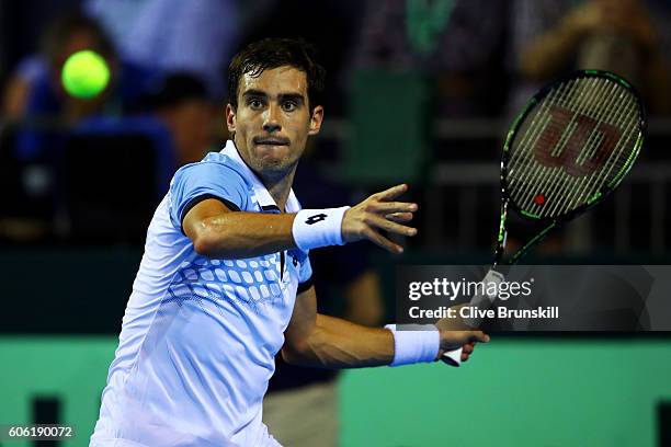 Guido Pella of Argentina hits a forehand during his singles match against Kyle Edmund of Great Britain during day one of the Davis Cup Semi Final...