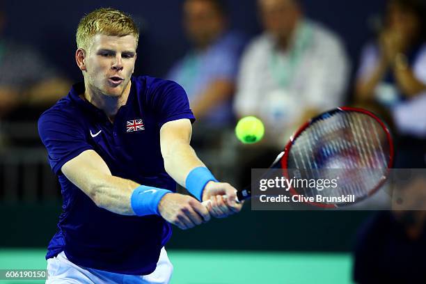 Kyle Edmund of Great Britain hits a backhand during his singles match against Guido Pella of Argentina during day one of the Davis Cup Semi Final...