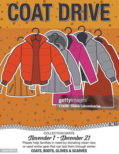 ilustraciones, imágenes clip art, dibujos animados e iconos de stock de abrigo de invierno en automóvil de caridad poster template. - motivación
