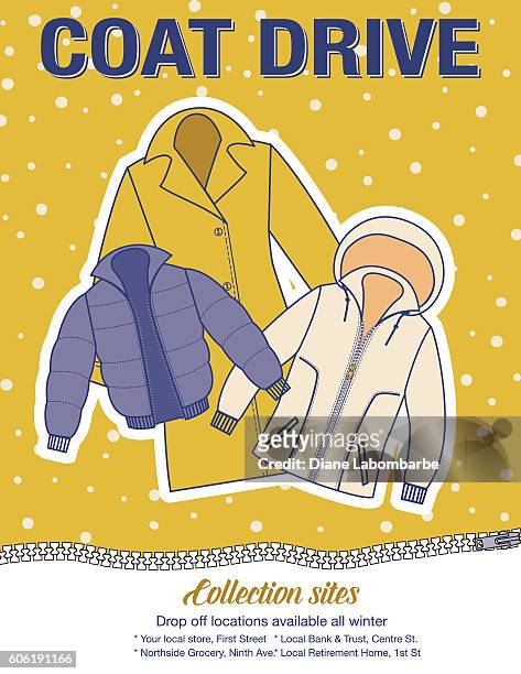 illustrazioni stock, clip art, cartoni animati e icone di tendenza di cappotto invernale drive beneficenza poster modello. - motivazione