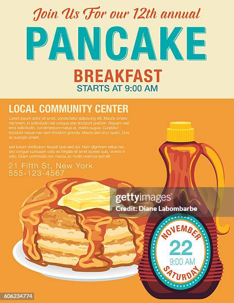 pancake breakfast poster template - maple syrup bottle stock illustrations