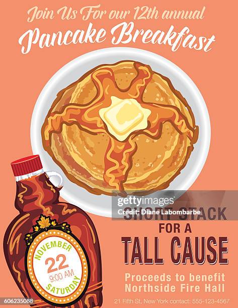 pancake breakfast poster template - maple syrup bottle stock illustrations