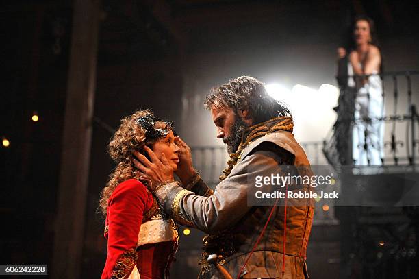 Faye Castelow as Hellena, Joseph Millson as Willmore and Alexandra Gilbreath as Angellica Bianca in the Royal Shakespeare Company's production of...