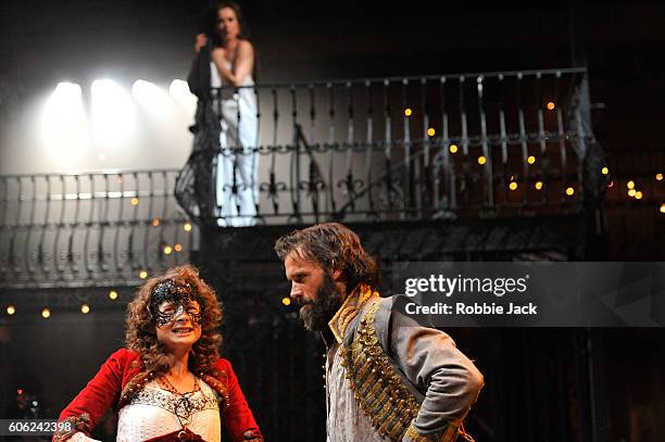 Faye Castelow as Hellena, Joseph Millson as Willmore and Alexandra Gilbreath as Angellica Bianca in the Royal Shakespeare Company's production of...