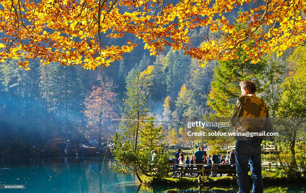 A man is fishing under a autumn/fall tree with yellow leaves at the blue lake / Blausee in Canton Bern in Switzerland