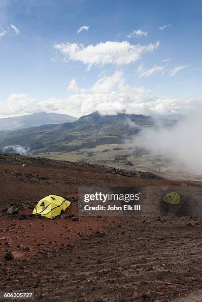 tents on cotopaxi np mountainside - ecuador cotopaxi stock pictures, royalty-free photos & images