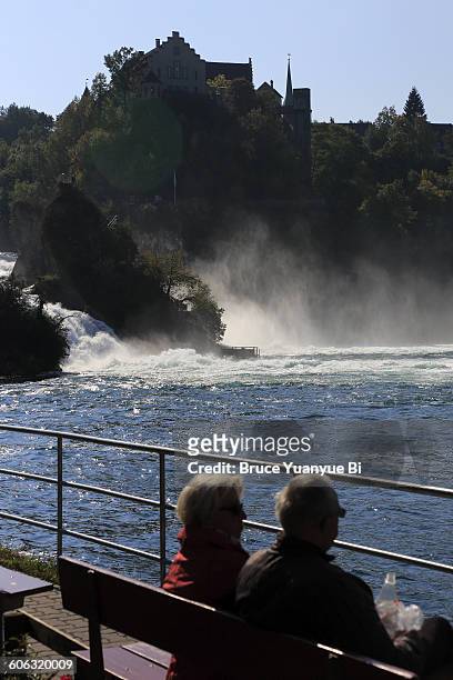 rhein falls with visitors in foreground - chutes du rhin photos et images de collection