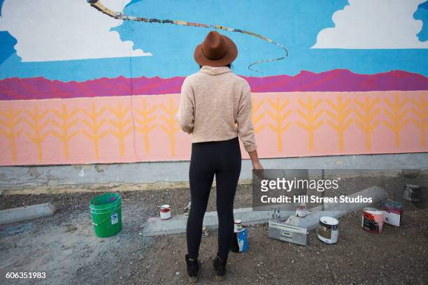 artist admiring mural wall - mural stockfoto's en -beelden