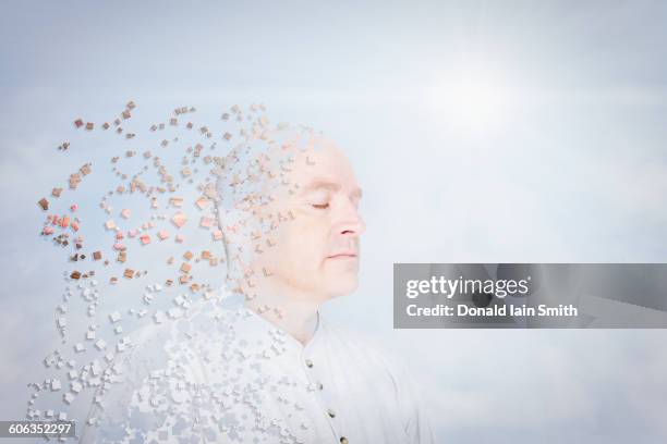 pixelated caucasian man in blue sky - man pretend sleep stock pictures, royalty-free photos & images