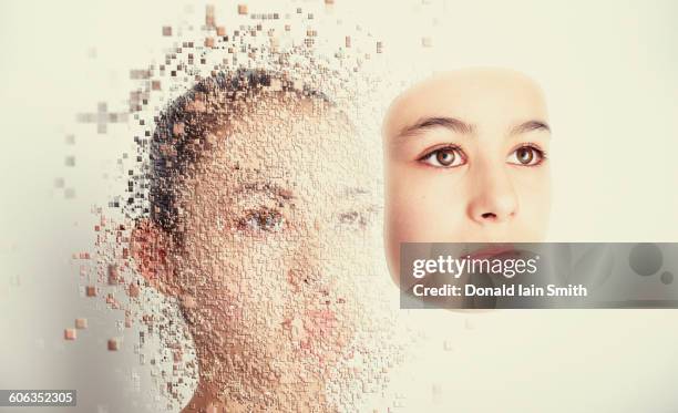 pixelated mixed race girl with serious expression - pixelated face stock pictures, royalty-free photos & images