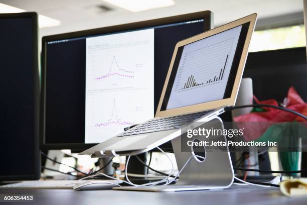 laptop in stand on office desk - standing with laptop imagens e fotografias de stock