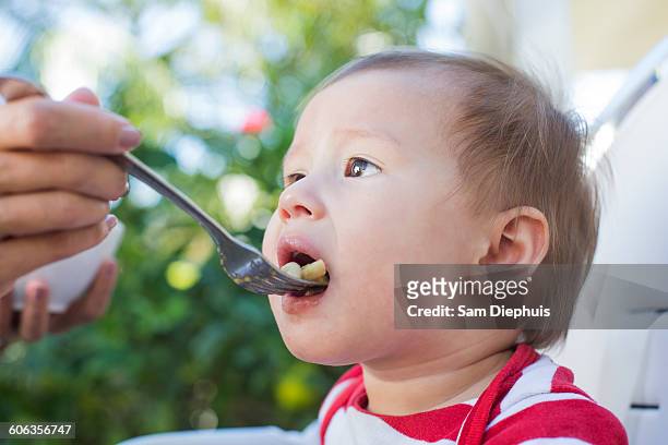 mixed race mother feeding baby outdoors - wellness kindness love stock pictures, royalty-free photos & images