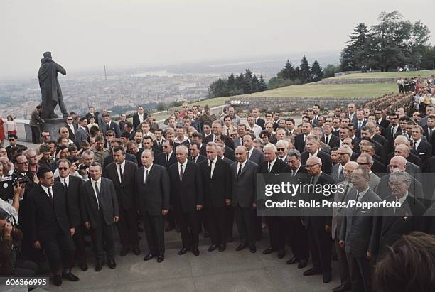 View of Soviet bloc leaders gathered together beside the Slavin war memorial monument and military cemetery in Bratislava, Czechoslovakia in August...