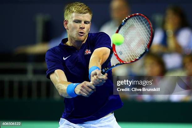 Kyle Edmund of Great Britain hits a backhand during his singles match against Guido Pella of Argentina during day one of the Davis Cup Semi Final...