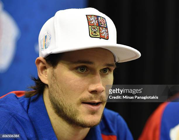Tomas Kundratek of Team Czech Republic listens to a question during Media day at the World Cup of Hockey 2016 at Air Canada Centre on September 15,...