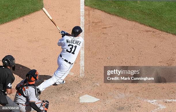 Casey McGehee of the Detroit Tigers bats during the game against the Baltimore Orioles at Comerica Park on September 11, 2016 in Detroit, Michigan....