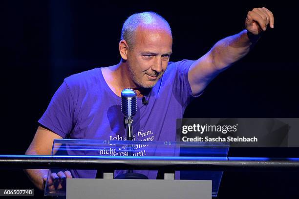 Mario Basler reacts during the finals of 'Promi Big Brother 2016' at MMC Studios on September 16, 2016 in Cologne, Germany.